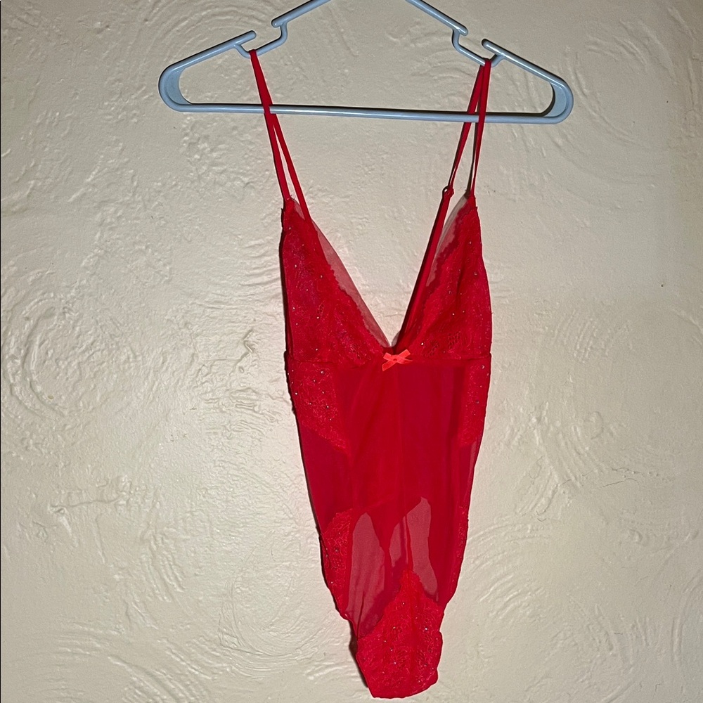 Neon Pink Sheer Rhinestone Lingerie Thong Bodysuit